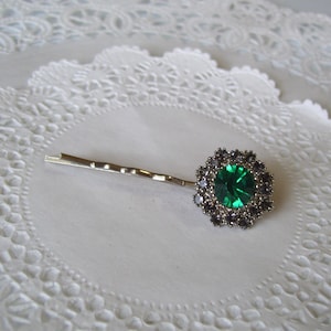 Emerald hair pin - jeweled hair pin - repurposed jewelry - rhinestone hair pin - hair jewelry - hair accessories - friend gift