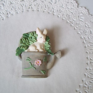 Rabbit pin - rabbit brooch - rabbit jewelry - watering can pin - flower pin
