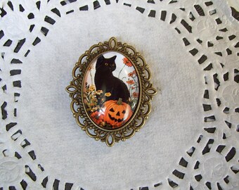 Imán de gato negro - Calabaza de Halloween - Joyería reciclada - Imán de Halloween - Decoración de Halloween - Regalo para amigos
