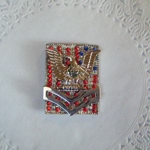 May include: A silver and gold pin with a red, white, and blue eagle design. The eagle is holding a banner with the word "America" on it. The pin is decorated with rhinestones.
