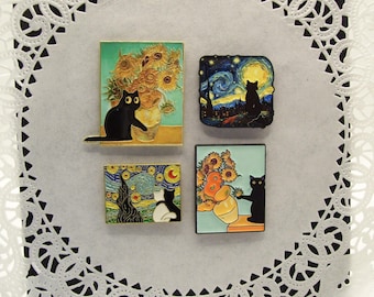 Cat magnet - Picasso cat magnet - repurposed jewelry - black cat magnet - sunflower magnet - home decor - friend gift - birthday gift