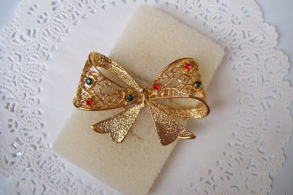 Christmas ribbon brooch - rhinestone ribbon brooc… - image 2