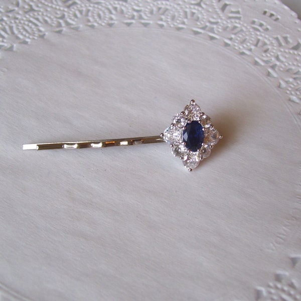 Sapphire hair pin - jeweled hair pin - repurposed jewelry - hair accessories - rhinestone hair pin