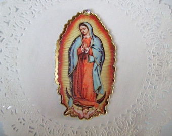 Religious magnet - Lady of Guadelupe magnet - repurposed jewelry - Virgin Mary magnet - gift - St Mary magnet