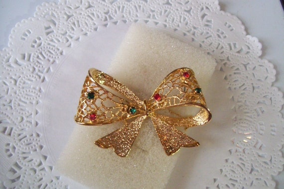 Christmas ribbon brooch - rhinestone ribbon brooc… - image 8