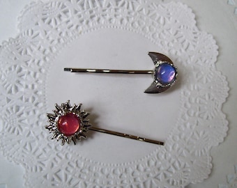 Moon hair pin - Sun hair pin - jeweled hair pin - repurposed jewelry - moonstone hair pin - hair jewelry - friend gift - birthday gift