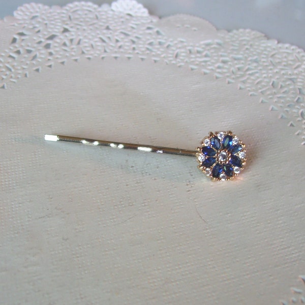 Sapphire hair pin - Rhinestone Hair Pin - jeweled hair pin -  flower hair pin - blue rhinestone hair pin - repurposed jewelry