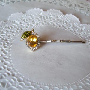 Lemon hair pin - repurposed jewelry - jeweled hair pin - rhinestone hair pin - hair accessory - friend gift - fruit hair pin - yellow lemon