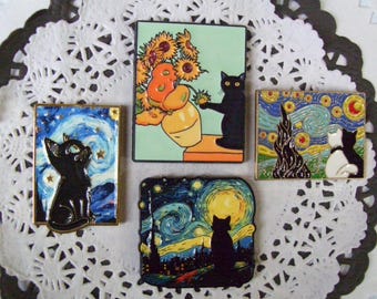Cat magnet - Picasso cat magnet - repurposed jewelry - black cat magnet - sunflower magnet - home decor - friend gift - birthday gift