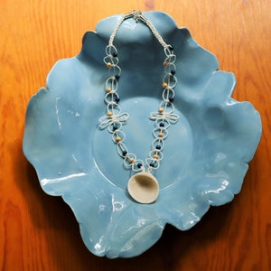 Seashell and Bead Necklace Macrame Beige and Blue and White