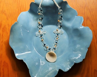 Seashell and Bead Necklace Macrame Beige and Blue and White