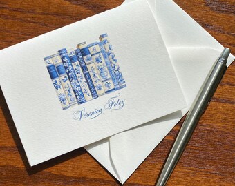Bibliothèque Blue & White Book Stack Note Cards | Literary Stationery Gift