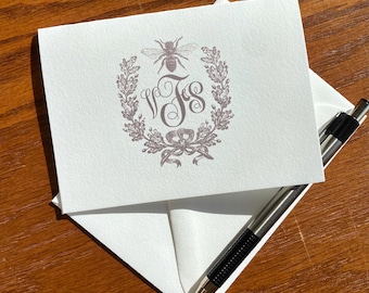 French Bee Stationery with Wreath | Classic Monogram Notes | Southern Heritage Collection