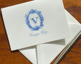 Colette Toile Personalized Notepads | Blue and White Monogram Note Cards | Cotton Stationery