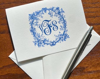 Amélie Blue Toile Floral Monogram Note Cards: Traditional Stationery