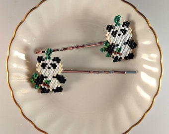 Pair of cute little beaded Panda hair pins by CaLexBeads and Jewelry