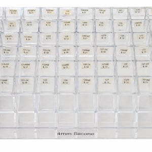 May include: A clear, rectangular organizer with multiple small compartments, each labeled with numbers and letters. The text "4mm Silicone" is printed at the bottom. Ideal for storing small items.