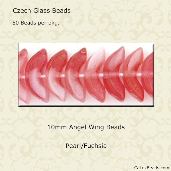 Czech glass 10mm Angel Wing beads 50/pk in 6 colors:Crystal, Opal White, Opal Pink, Silver, Pearl/Fuchsia, & Opal Lt Amethyst