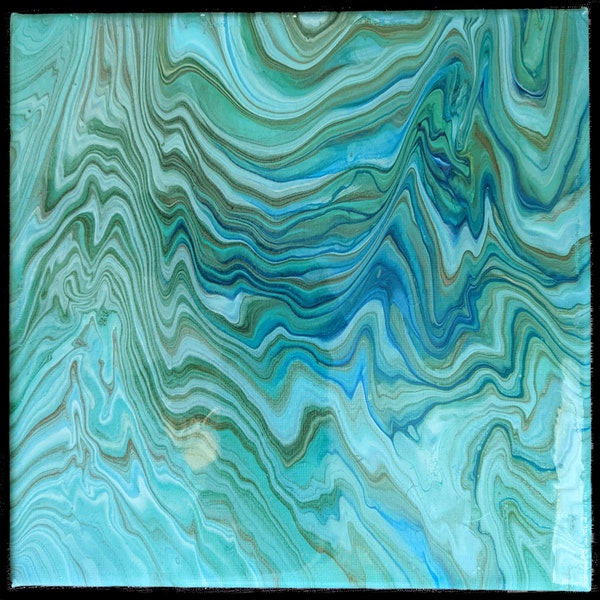 Acrylic Fluid Art painting in Shades of Blue and Green with hints of Purple and Gold 8x8 inch canvas with Resin Coat
