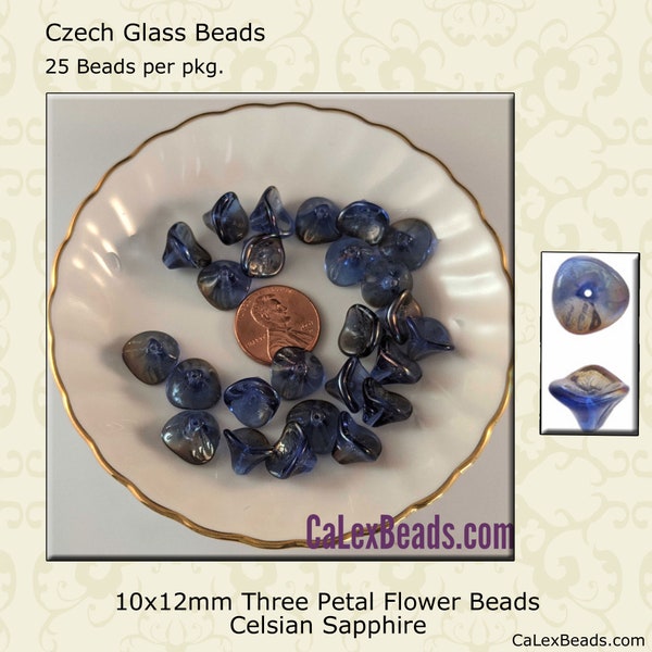 Czech glass 10x12mm 3 Petal Flower beads 25/pk in 8 colors:Blue Peacock, Red Picasso, Satin Buttercup, Silver Wash Green, Orange Sunshine ++