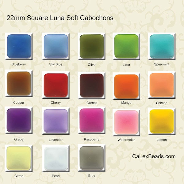 Cabochon Luna, 22mm Square LunaSoft Cabs in 9 colors