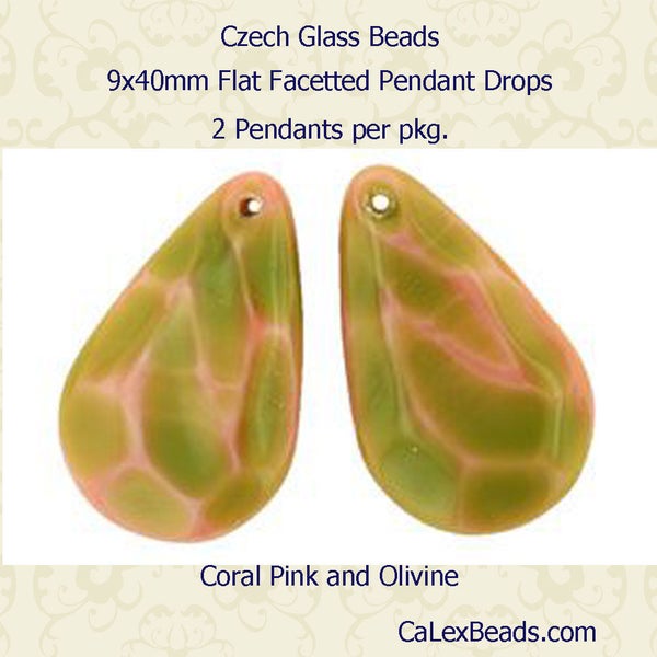 Clearance Sale  9x40mm Flat Faceted Drop Pendant Czech Glass Beads in Coral/Olivine, 2 per pkg.