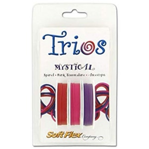 May include: A pack of Soft Flex Company Trios Mystical beading wire. The package contains three spools of wire in red, pink, and purple. The package has the words "Trios" and "Mystical" in blue script.