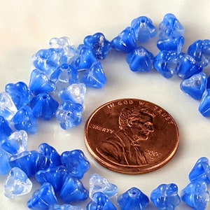 Czech glass 4x6mm baby bell flower beads in 3 colors 50/pkg Sapphire, Peridot, Crystal/Blue