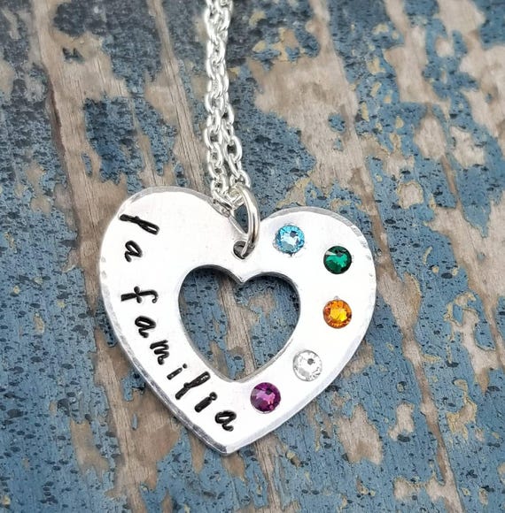 Family Familia Heart Necklace With Swarovski Crystals Birthstones