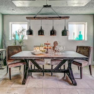 4 Funnel Chandelier with Barnwood Beam and Iron Brackets