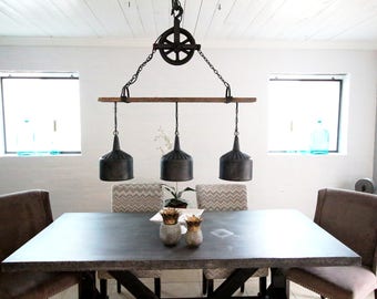 FREE SHIPPING  funnel lamp 3 Funnel Chandelier with Barnwood Beam and Iron Pulley.  funnel lamp Rustic Chandelier Lighting,