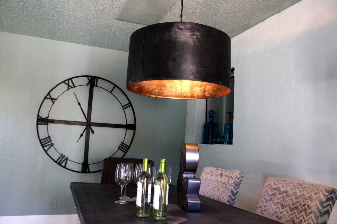 Handcrafted Drum Pendant Light With Aged Zinc or Black Steel Etsy