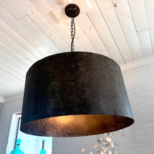 Handcrafted Drum Pendant Light with Aged Zinc or Black Steel Finish FREE SHIPPING barrel light