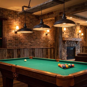 May include: A pool table with a green felt surface, wooden frame, and leather pockets, featuring a rack of colorful billiard balls and a single white cue ball. Above the table hangs a linear light fixture with three black metal dome pendants.