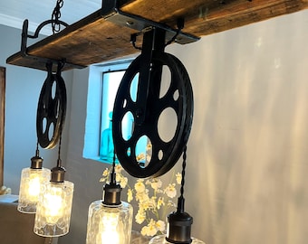 Barnwood 4 hanging light Chandelier with dual cast iron pulleys, hammered glass globes and Iron Brackets FREE SHIPPING Edison bulbs