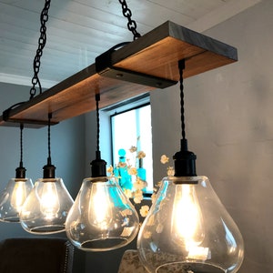 Walnut beam 4 hanging light Chandelier with hand forged Iron Brackets FREE SHIPPING mid century modern