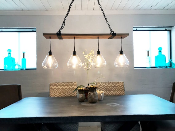 Walnut Beam 4 Hanging Light Chandelier With Hand Forged Iron