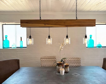 60" Brazilian Hickory Linear Beam Chandelier - 4-Light Rustic Wood Pendant Light