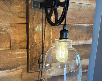 Rustic Pulley Wall Sconce: Farmhouse Industrial Light with Glass Shade