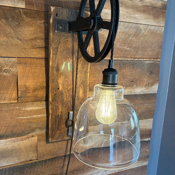 Rustic Pulley Wall Sconce: Farmhouse Industrial Light with Glass Shade
