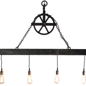 Handcrafted 4 light Steel Beam Chandelier with Aged Pulley