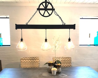 Handcrafted 3 light Steel Beam Chandelier with Aged Pulley and Glass globes FREE SHIPPING  Industrial farmhouse dining room kitchen lighting