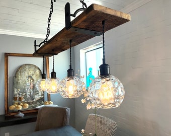 Barn wood 4 hanging light Chandelier with Barnwood Beam and Iron Brackets FREE SHIPPING Edison bulbs Rustic Chandelier Lighting  Handmade