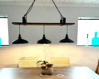 3 aged black metal pendantl Chandelier with Barnwood Beam and Iron Brackets FREE SHIPPING funnel lamp Rustic Chandelier Lighting  Handmade