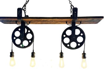 Barnwood Chandelier: 4-Light Edison Pendant with Cast Iron Pulleys