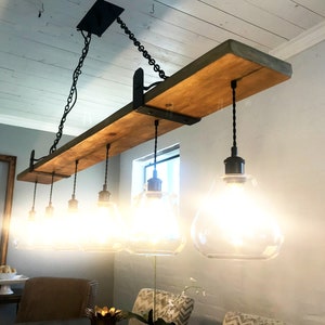 Pine wood 6 hanging light Chandelier with glass pendants and Iron Brackets FREE SHIPPING Edison bulbs Rustic Chandelier Lighting  Handmade