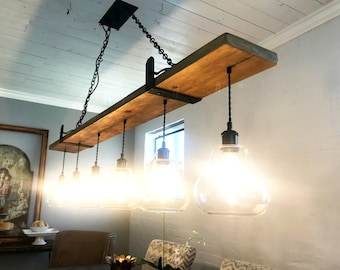 Pine wood 6 hanging light Chandelier with glass pendants and Iron Brackets FREE SHIPPING Edison bulbs Rustic Chandelier Lighting  Handmade