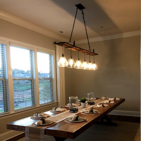 Barn wood 6 hanging light Chandelier with Barnwood Beam and Iron Brackets FREE SHIPPING Edison bulbs Rustic Chandelier Lighting  Handmade