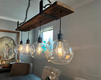 Barn wood 4 hanging light Chandelier with Barnwood Beam and Iron Brackets FREE SHIPPING Edison bulbs Rustic Chandelier Lighting  Handmade