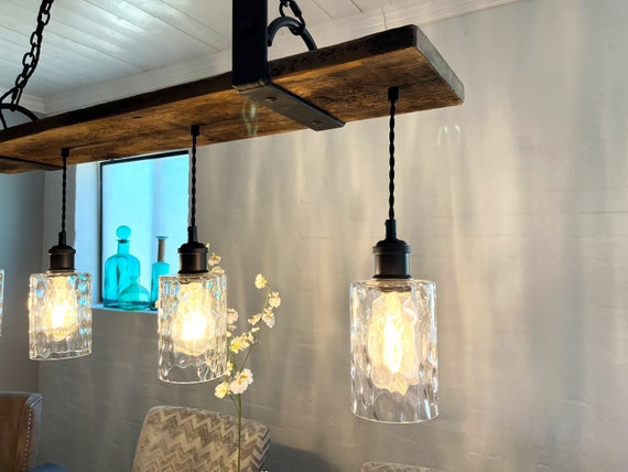 Rustic Barn Wood Chandelier: 4-Light Hammered Glass Pendant